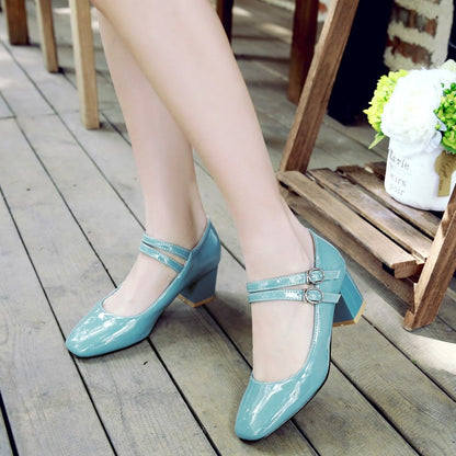 Women Patent Leather Block Heels Pumps