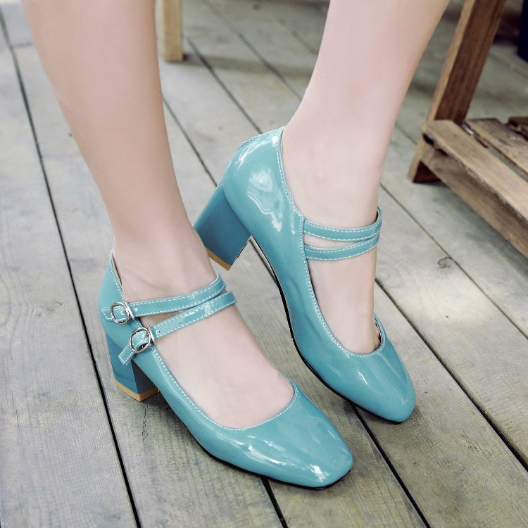 Women Patent Leather Block Heels Pumps