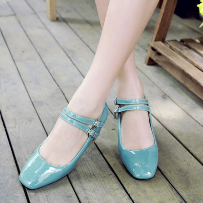 Women Patent Leather Block Heels Pumps