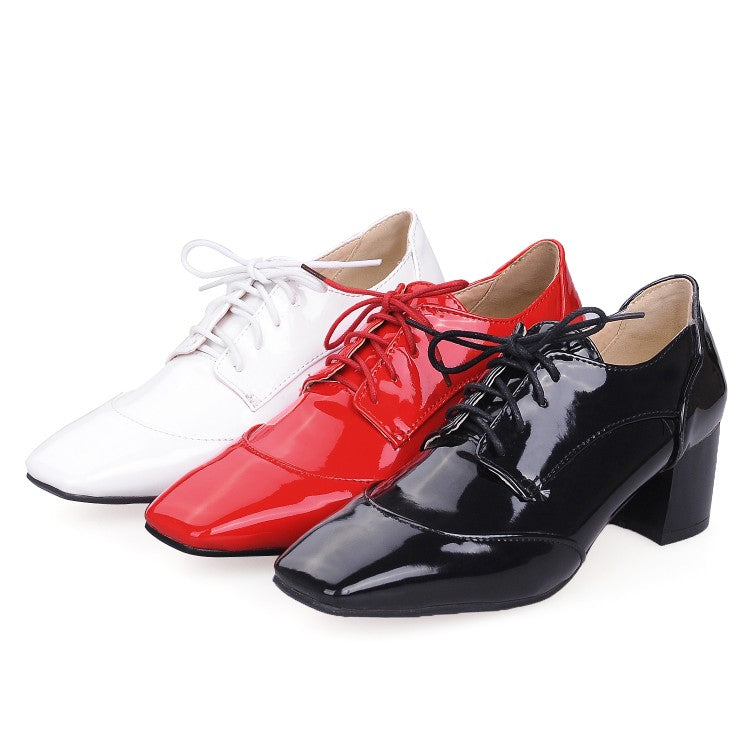 Women Patent Leather Lace Up Chunky High Heels