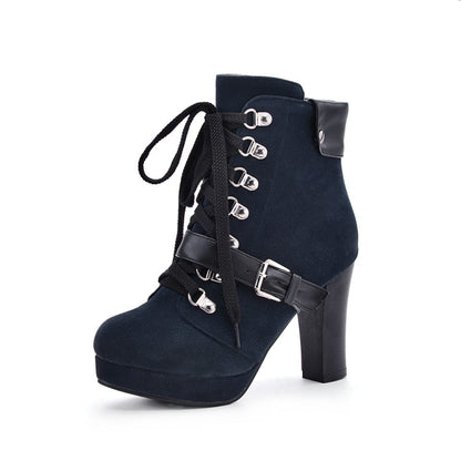 Women Lace Up Platform High Heel Short Boots