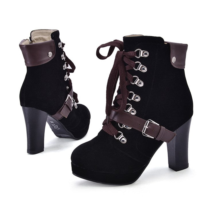 Women Lace Up Platform High Heel Short Boots