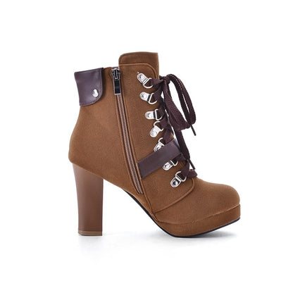 Women Lace Up Platform High Heel Short Boots