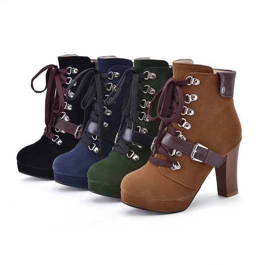 Women Lace Up Platform High Heel Short Boots