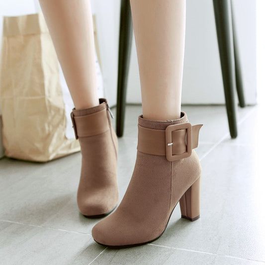 Belt Buckle Faux Suede Women Ankle Boots Heels 6677