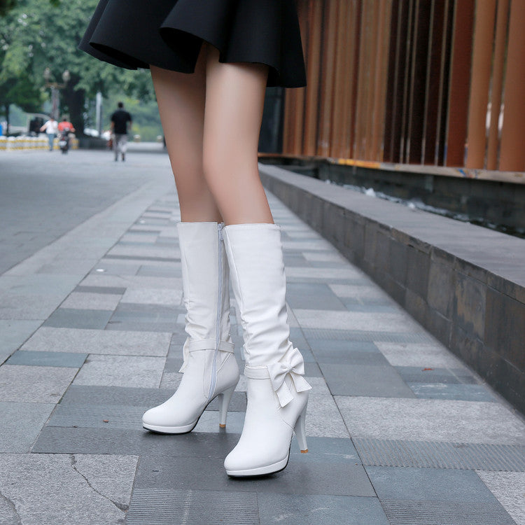 Bow Tie Slouch Cone Heel Platform Side Zippers Knee High Boots for Women