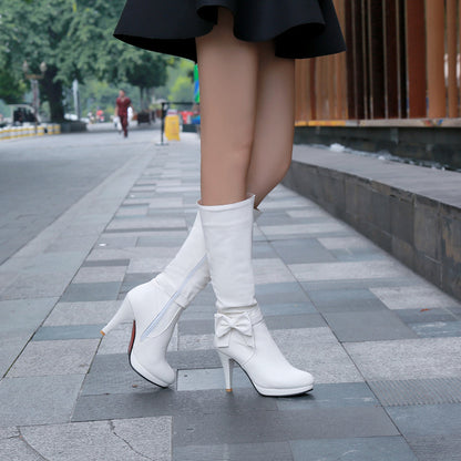 Bow Tie Slouch Cone Heel Platform Side Zippers Knee High Boots for Women