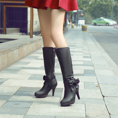 Bow Tie Slouch Cone Heel Platform Side Zippers Knee High Boots for Women