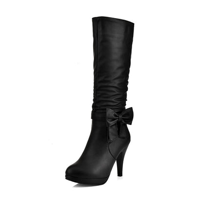 Bow Tie Slouch Cone Heel Platform Side Zippers Knee High Boots for Women