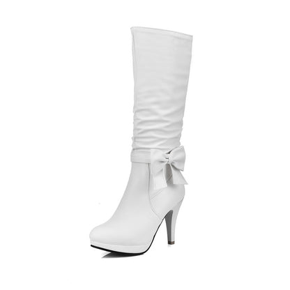 Bow Tie Slouch Cone Heel Platform Side Zippers Knee High Boots for Women