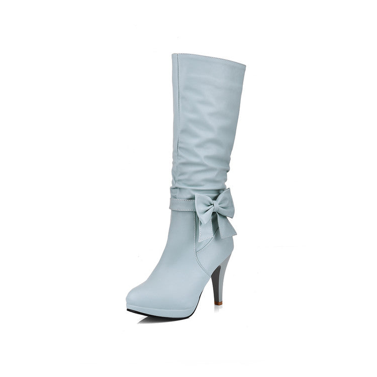 Bow Tie Slouch Cone Heel Platform Side Zippers Knee High Boots for Women