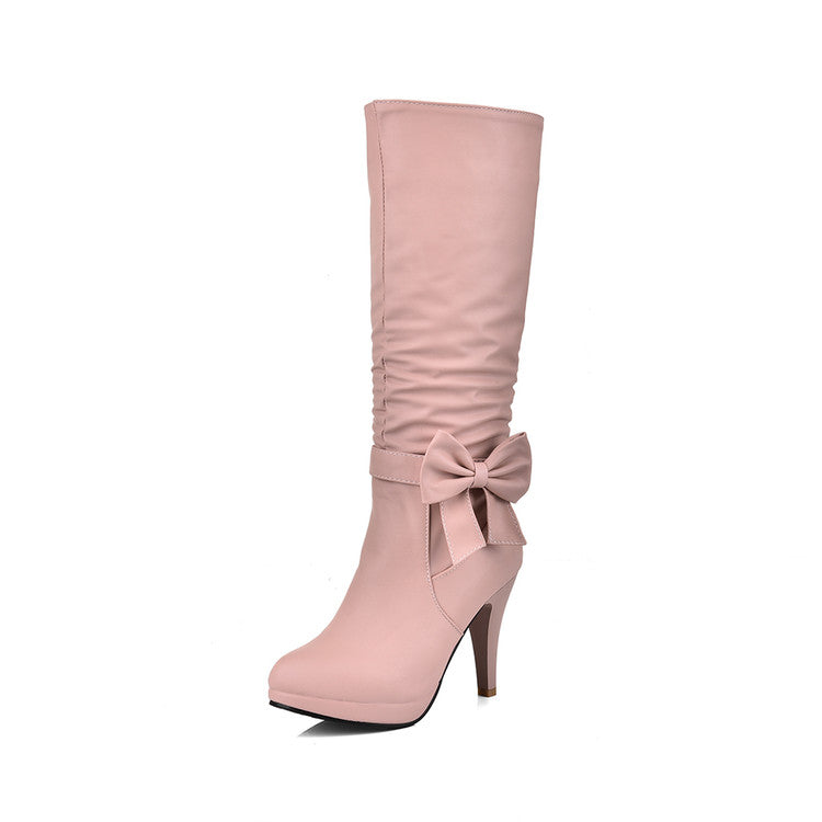 Bow Tie Slouch Cone Heel Platform Side Zippers Knee High Boots for Women