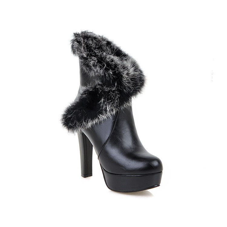 Women Pu Leather Round Toe Fur Chunky Heel Platform Short Boots