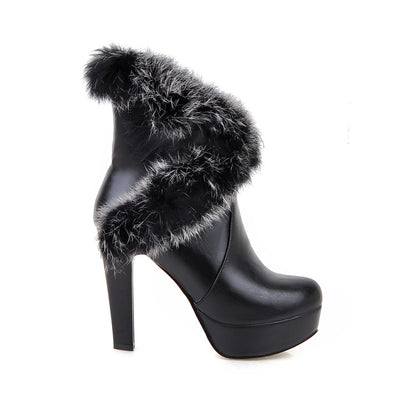 Women Pu Leather Round Toe Fur Chunky Heel Platform Short Boots