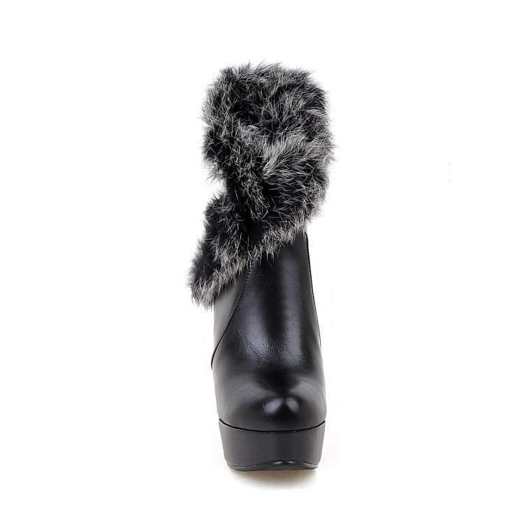 Women Pu Leather Round Toe Fur Chunky Heel Platform Short Boots