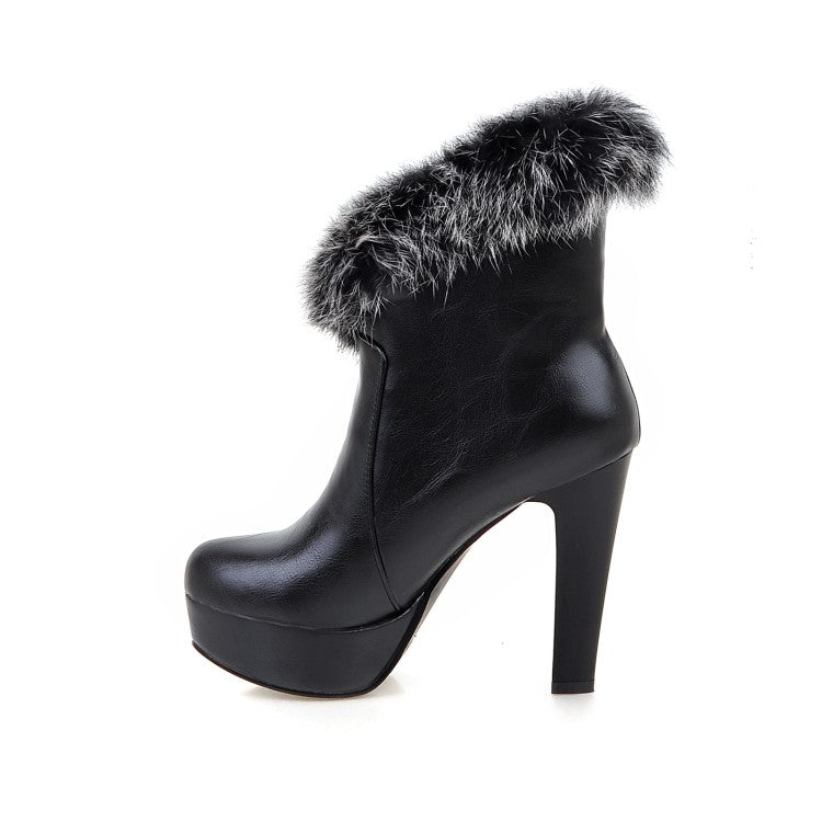 Women Pu Leather Round Toe Fur Chunky Heel Platform Short Boots