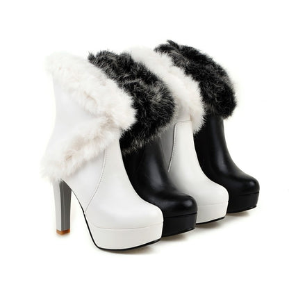 Women Pu Leather Round Toe Fur Chunky Heel Platform Short Boots