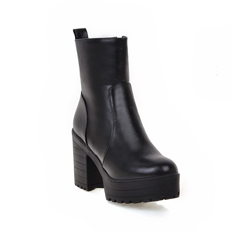 Women Pu Leather Round Toe Block Heel Platform Short Boots