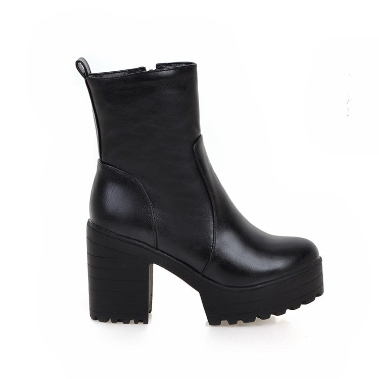 Women Pu Leather Round Toe Block Heel Platform Short Boots