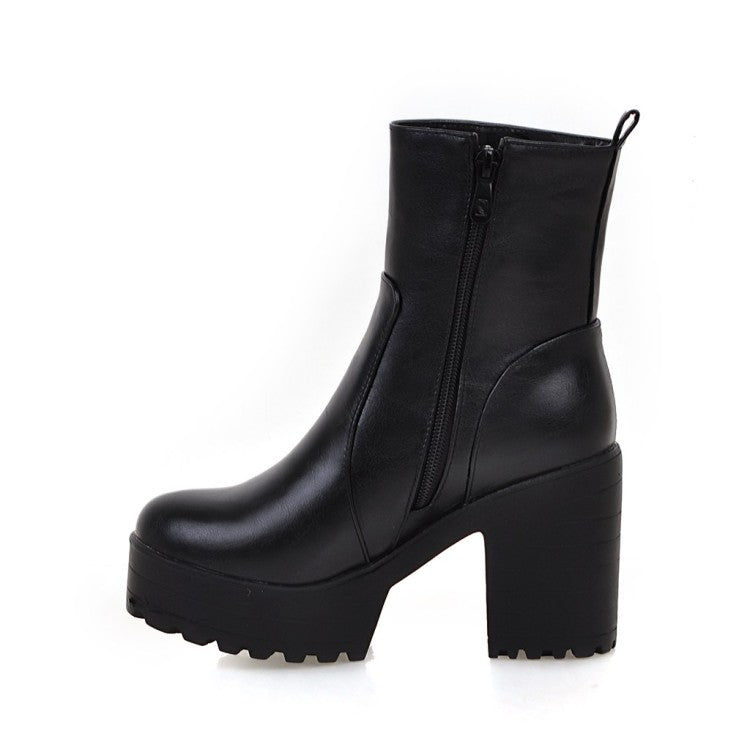 Women Pu Leather Round Toe Block Heel Platform Short Boots