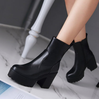 Women Pu Leather Round Toe Block Heel Platform Short Boots