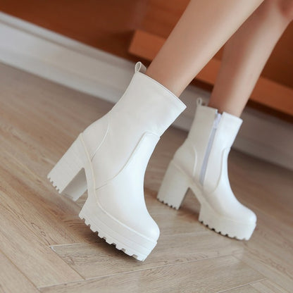 Women Pu Leather Round Toe Block Heel Platform Short Boots