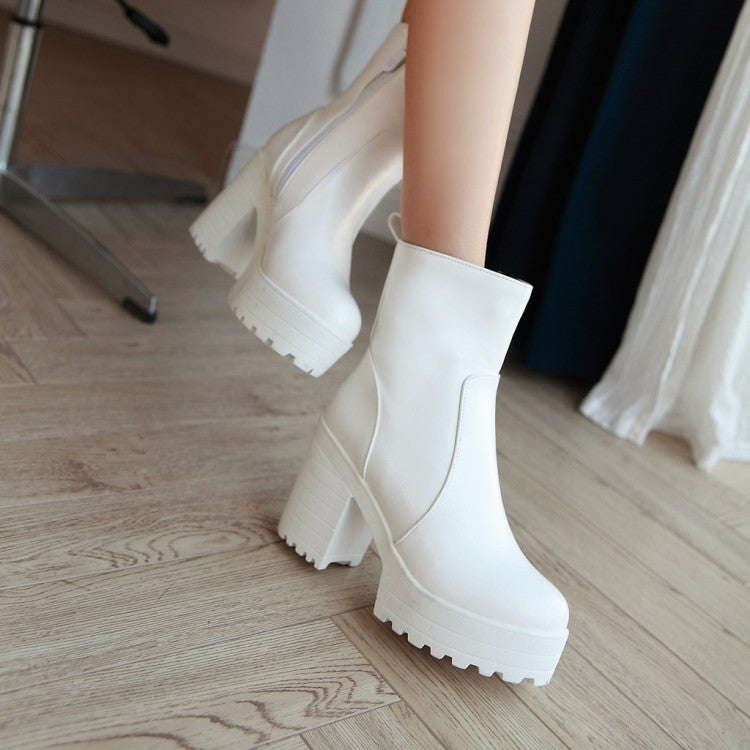 Women Pu Leather Round Toe Block Heel Platform Short Boots