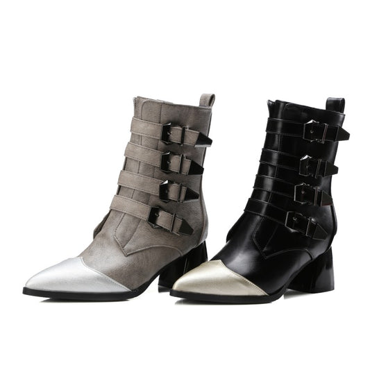 Women Bicolor Pointed Toe Buckle Belts Block Chunky Heel Short Boots