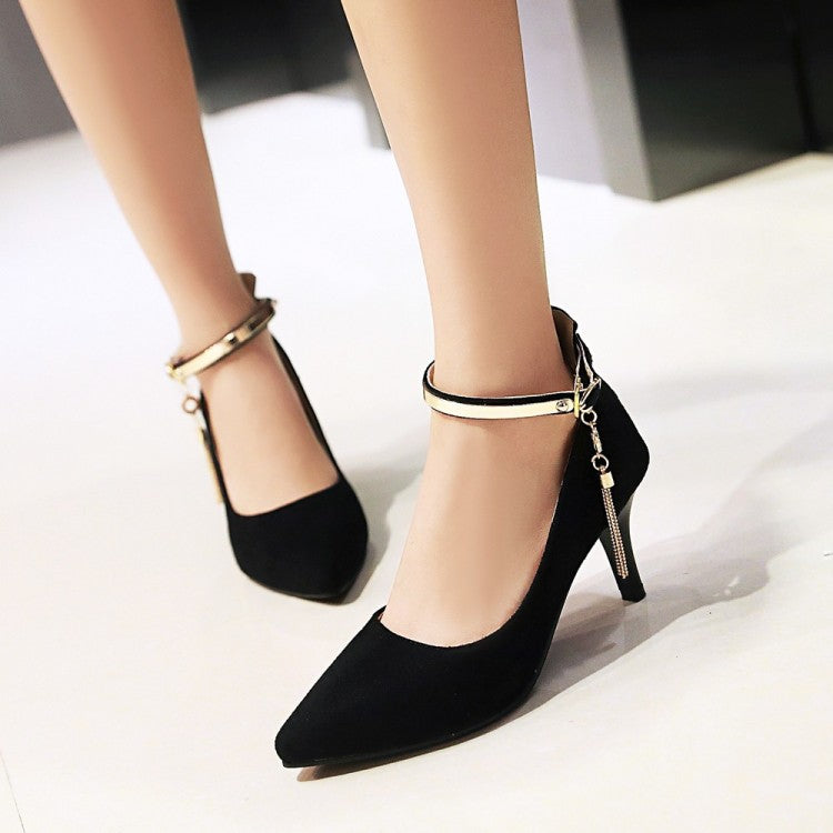 Pointed Toe Metal Ankle Strap Women High Heels Stiletto Pumps