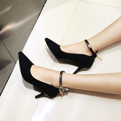 Pointed Toe Metal Ankle Strap Women High Heels Stiletto Pumps