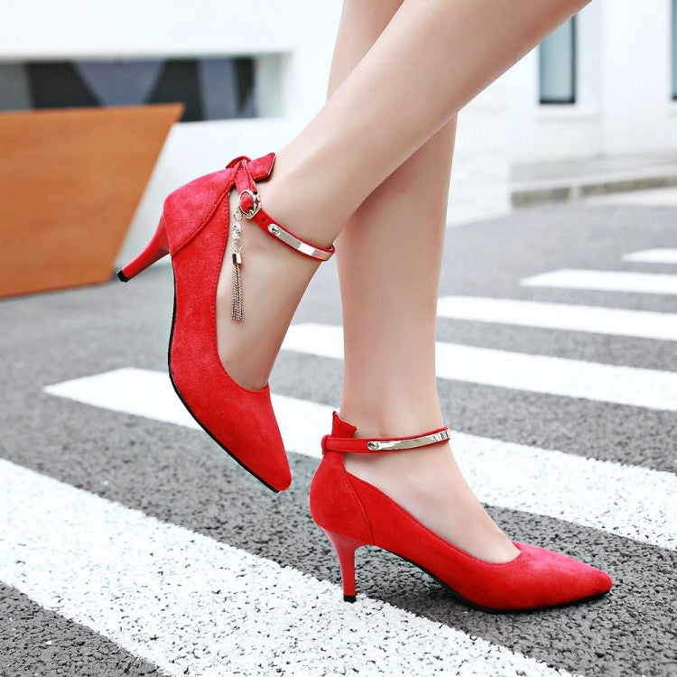 Pointed Toe Metal Ankle Strap Women High Heels Stiletto Pumps