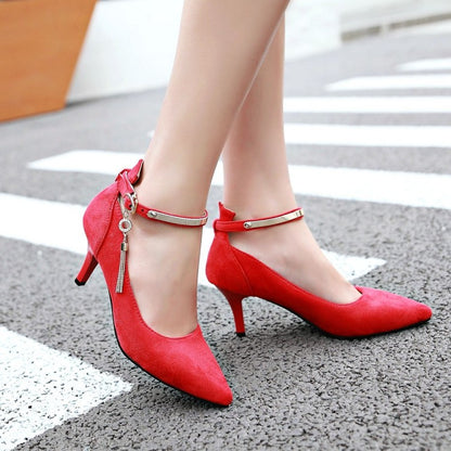 Pointed Toe Metal Ankle Strap Women High Heels Stiletto Pumps