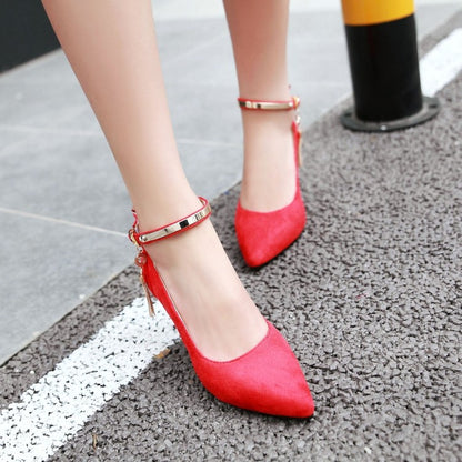 Pointed Toe Metal Ankle Strap Women High Heels Stiletto Pumps