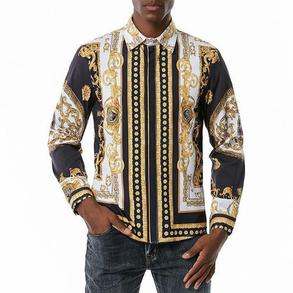 Men's 3D Button Royal Style Chain Printing Long Sleeves Casual Shirts