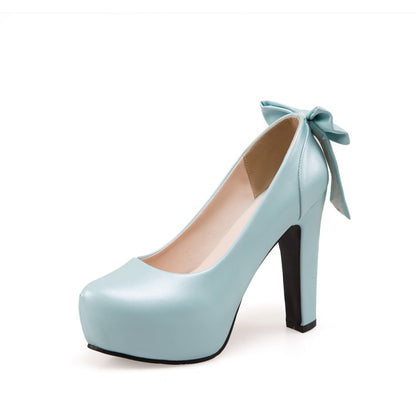 Women Back Bowtie Chunky Platform Pumps High Heels Shoes