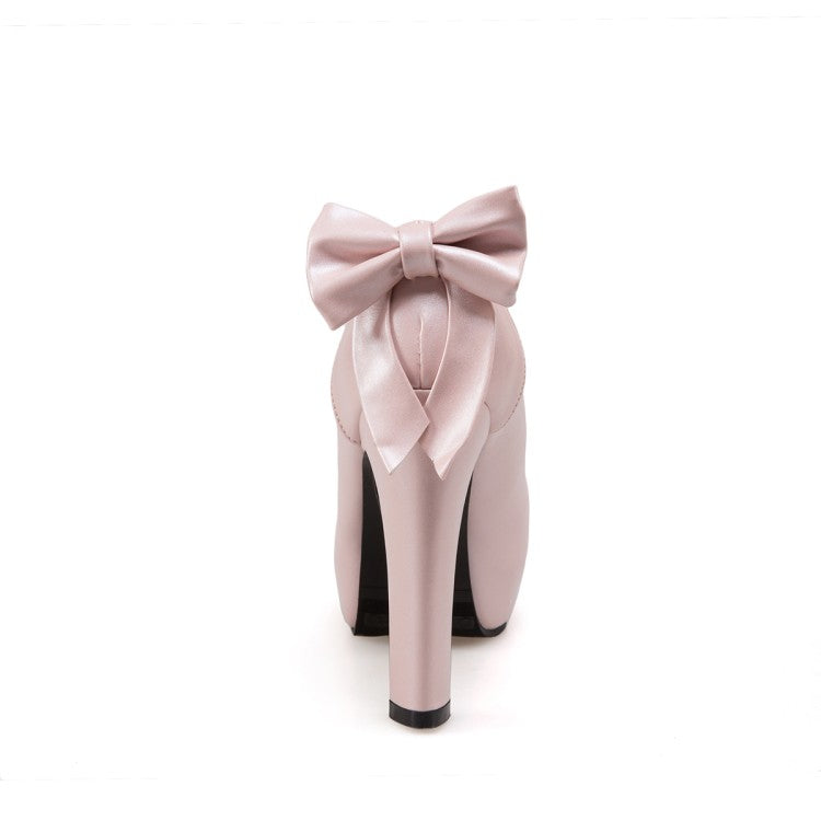 Women Back Bowtie Chunky Platform Pumps High Heels Shoes