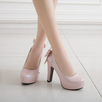 Women Back Bowtie Chunky Platform Pumps High Heels Shoes