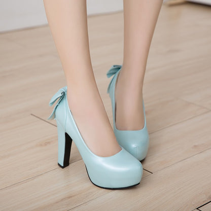 Women Back Bowtie Chunky Platform Pumps High Heels Shoes