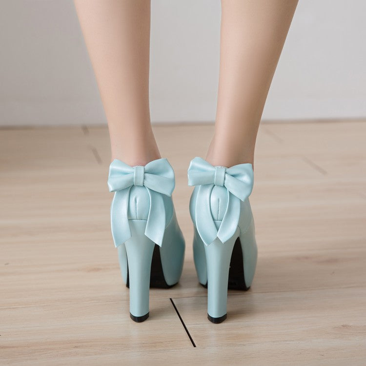 Women Back Bowtie Chunky Platform Pumps High Heels Shoes