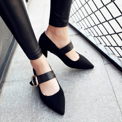 Women Pointed Toe Mary Jane Block Heels Pumps