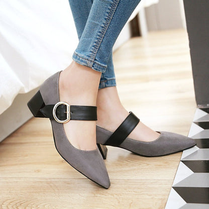 Women Pointed Toe Mary Jane Block Heels Pumps