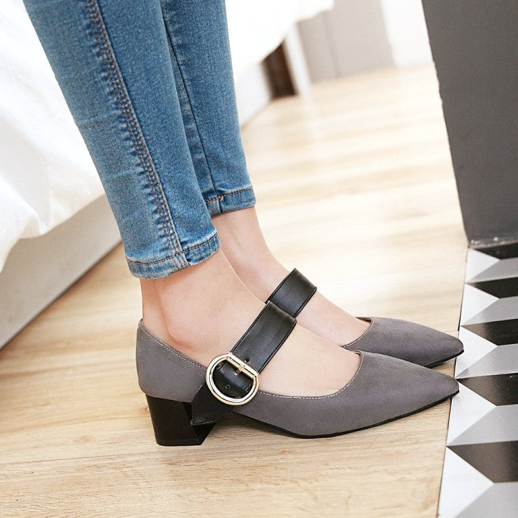 Women Pointed Toe Mary Jane Block Heels Pumps