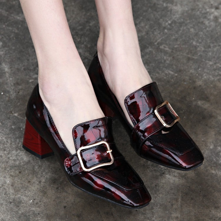 Women Patent Leather Buckle Chunky Heel Pumps