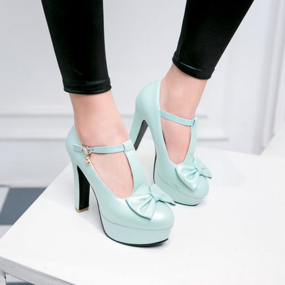 Women T Strap Bowtie High Heels Chunky Platform Pumps