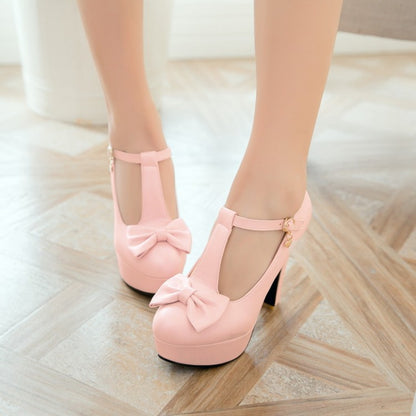 Women T Strap Bowtie High Heels Chunky Platform Pumps