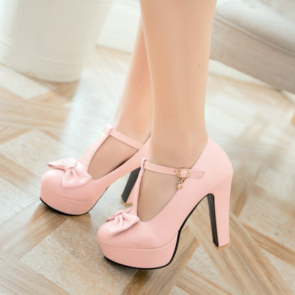 Women T Strap Bowtie High Heels Chunky Platform Pumps