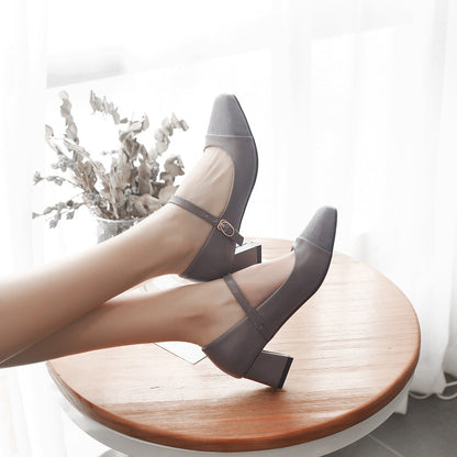 Women Square Toe Mary Jane Block Heels Pumps