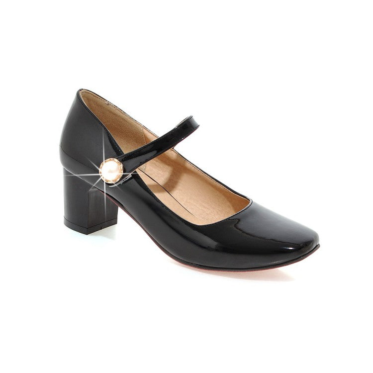 Women Mary Jane with Pearl Block Heels Pumps