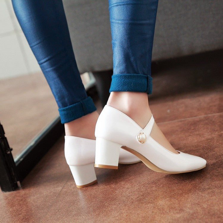 Women Mary Jane with Pearl Block Heels Pumps