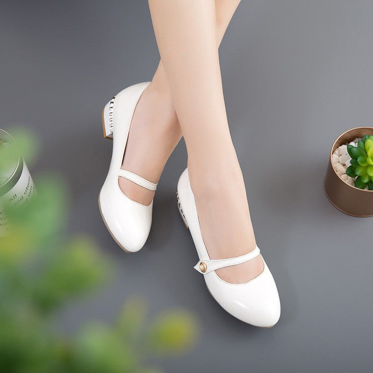 Women Patent Leather Mary Jane Block Heels Pumps